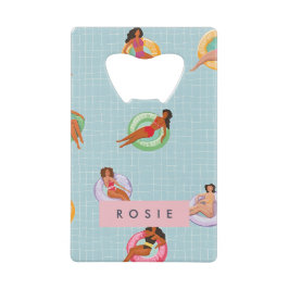 プールパーソナライズされたフロッリラックストに登場する夏の女性 クレジットカード栓抜き