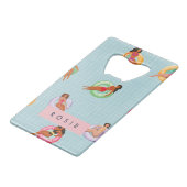 プールパーソナライズされたフロッリラックストに登場する夏の女性 クレジットカード栓抜き (正面アングル)