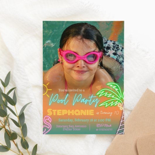 プールパーティのミニマルデザインの招待状（写真付き） 招待状