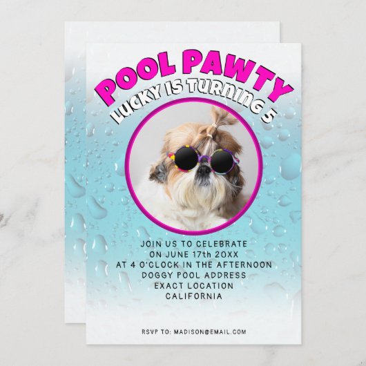 プールパーティの子犬カスタム写真誕生日パーティー 招待状 (正面/裏面)
