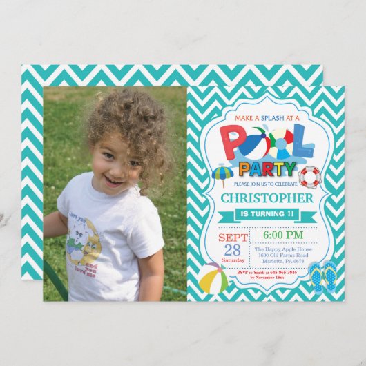 プールパーティの招待状アクアスプリッシュスプラッシュボーイ 招待状 (正面/裏面)