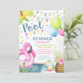 プールパーティの招待状ガールフラミンゴウォーターカラー 招待状 (スタンド正面)