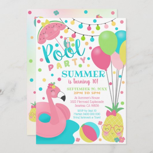 プールパーティの招待状ガールフラミンゴフロートプール 招待状 (正面/裏面)