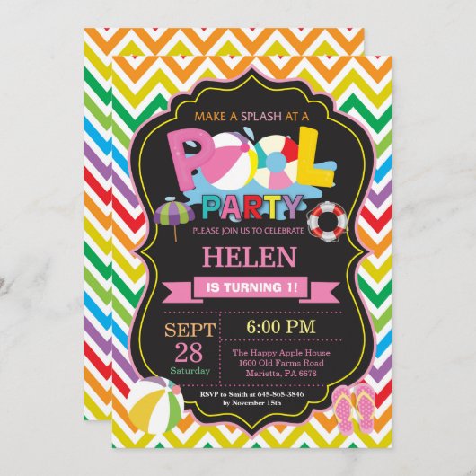 プールパーティの招待状サマースプラッシュガール 招待状 (正面/裏面)