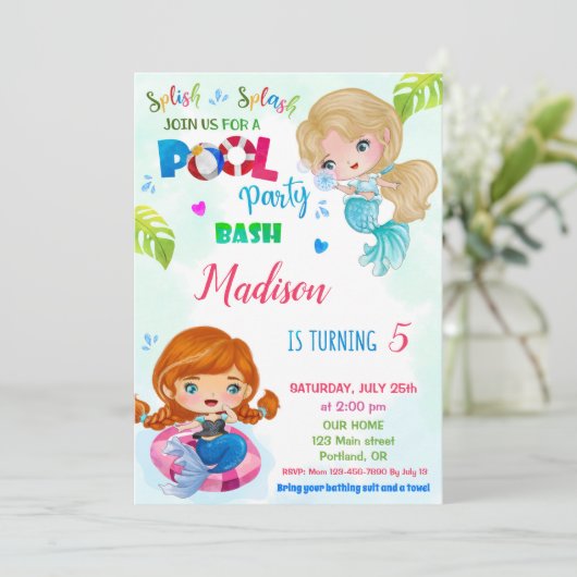 プールパーティの招待状マーメイド誕生日の招待状 招待状 (スタンド正面)