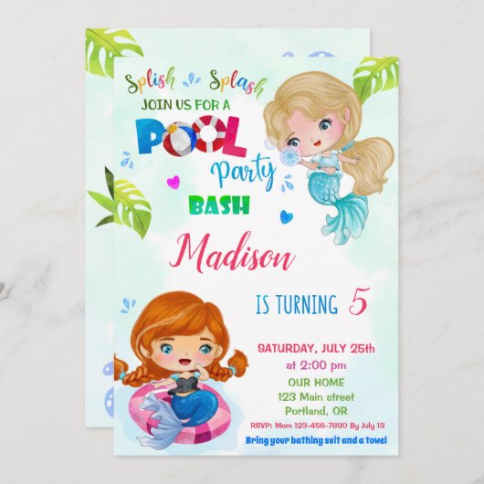 プールパーティの招待状マーメイド誕生日の招待状 招待状 (正面/裏面)