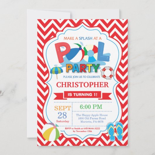 プールパーティの招待状赤い飛び散るスプラッシュボーイ 招待状 (正面)