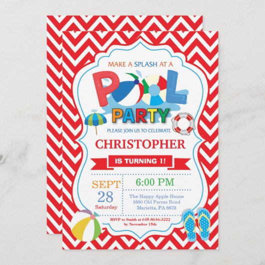 プールパーティの招待状赤い飛び散るスプラッシュボーイ 招待状 (正面/裏面)