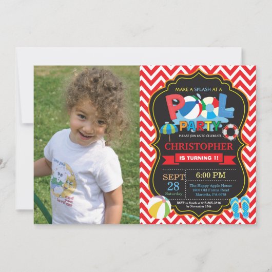 プールパーティの招待状赤スプラッシュボーイ 招待状 (正面)