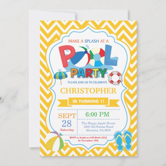 プールパーティの招待状黄色のスプリッシュ·スプラッシュ·ボーイ 招待状 (正面)
