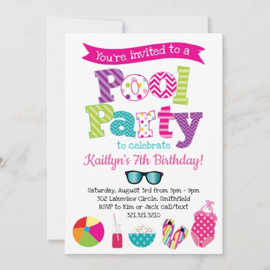プールパーティの招待状-サマー誕生日プールパーティー 招待状 (正面)