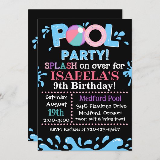 プールパーティの招待状 |プール誕生日パーティー招待状 招待状 (正面/裏面)