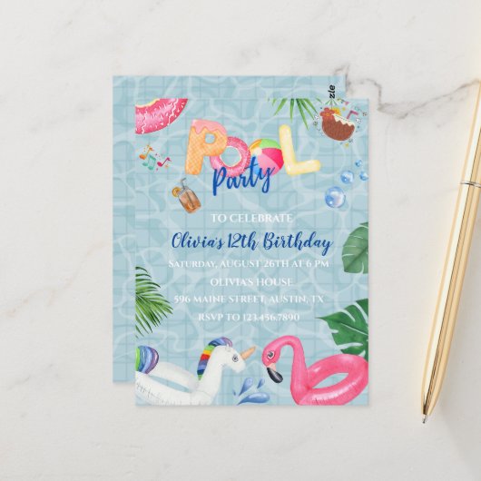 プールパーティの招待状 ポストカード (正面/裏面インサイチュ)