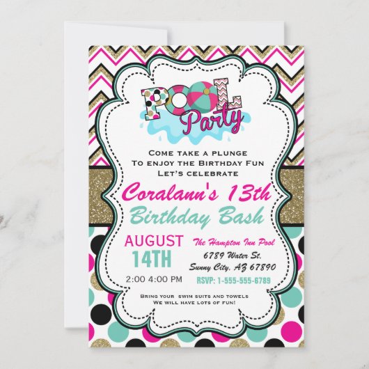 プールパーティの招待状-夏パーティー-水パーティー 招待状 (正面)