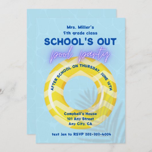 プールパーティの招待状 |黄色の浮動小数点 招待状 (正面/裏面)