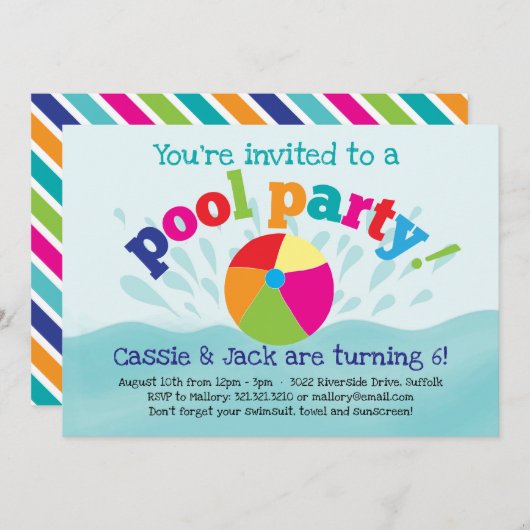 プールパーティの招待状- Summer Splash 招待状 (正面/裏面)