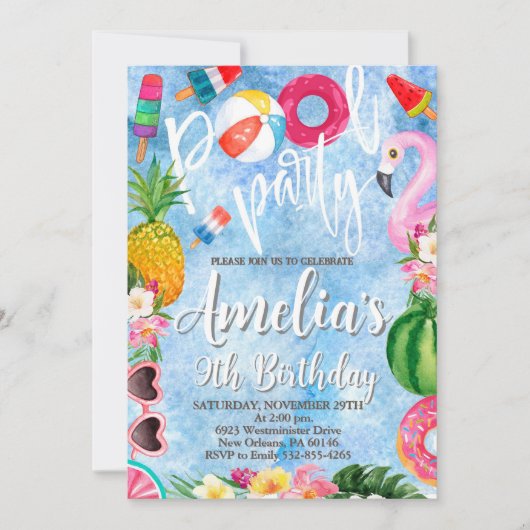 プールパーティの誕生日、スイミングパーティ、あらゆる年齢 招待状 (正面)