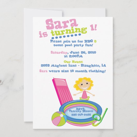 プールパーティの誕生日 招待状 (正面)