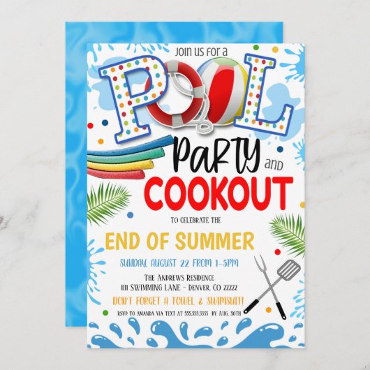 プールパーティーとクックアウト招待状 招待状 (正面/裏面)