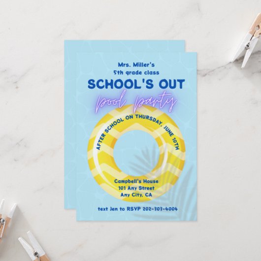 プールパーティーのご招待 | 黄色の浮き輪 招待状 (正面/裏面インサイチュ)