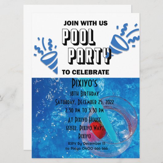 プールパーティーのカスタマイズ可能な招待状 招待状 (正面/裏面)
