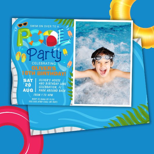 プールパーティーの写真 夏の男の子の誕生日パーティー 招待状