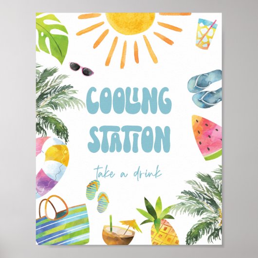 プールパーティーの冷却ステーションの標識 ポスター (正面)
