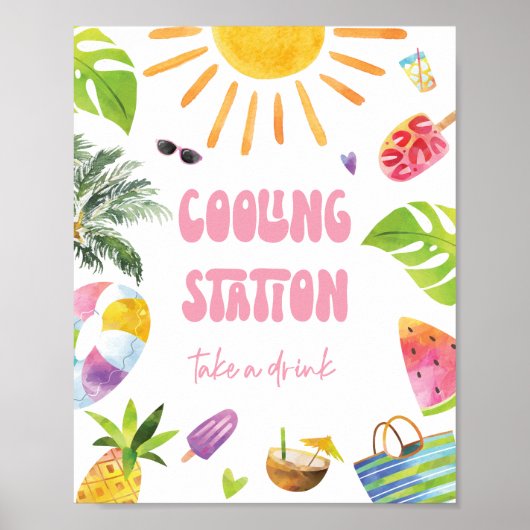プールパーティーの冷却ステーションの標識 ポスター (正面)