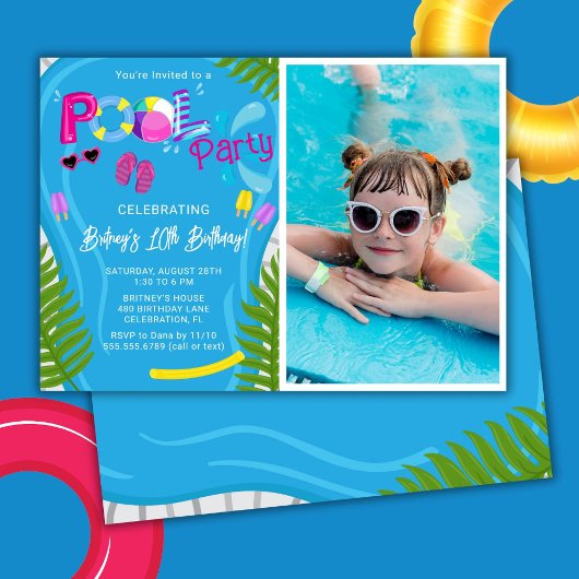 プールパーティーの夏の女の子の誕生日パーティーの写真 招待状