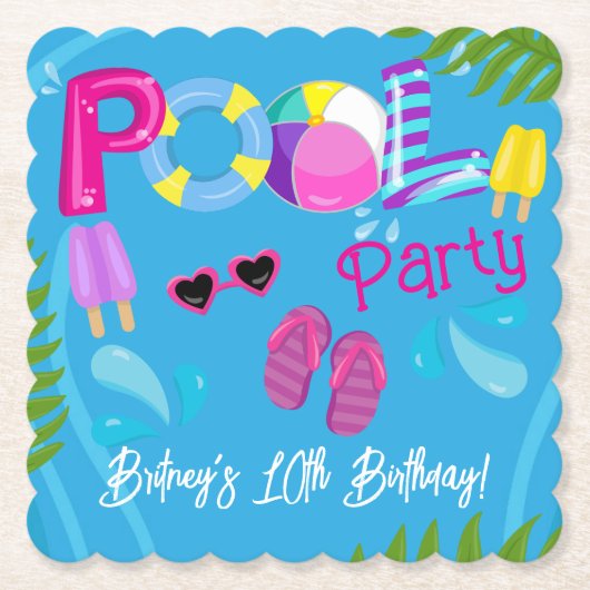 プールパーティーの夏の女の子の誕生日パーティー ペーパーコースター (正面)