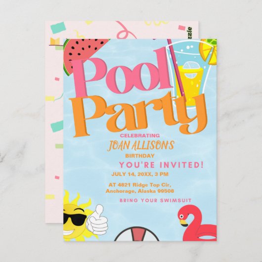 プールパーティーの夏の誕生日招待状スイカ ポストカード (正面/裏面)