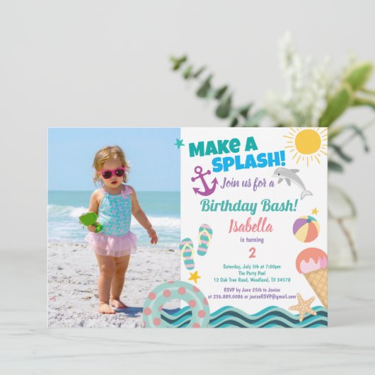 プールパーティーの女の子の誕生日の写真の招待 招待状 (スタンド正面)
