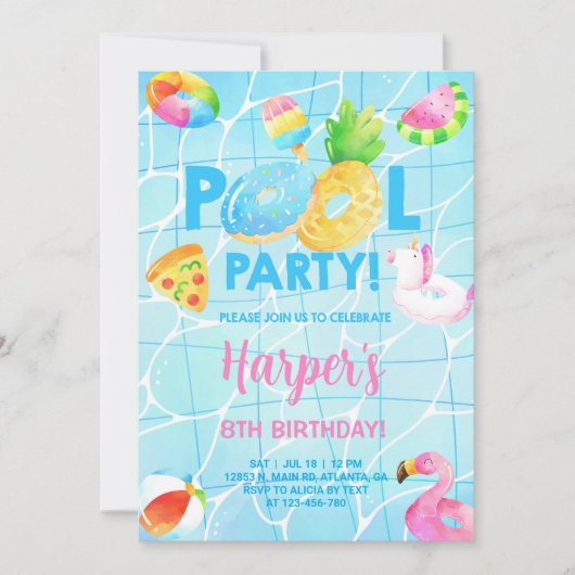 プールパーティーの女の子の誕生日の招待状、プールbash。 招待状 (正面)
