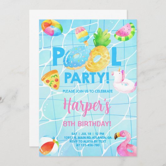 プールパーティーの女の子の誕生日の招待状、プールbash。 招待状 (正面/裏面)