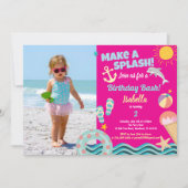 プールパーティーの女の子の誕生日写真招待状 ピンク 招待状 (正面)