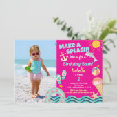 プールパーティーの女の子の誕生日写真招待状 ピンク 招待状 (スタンド正面)