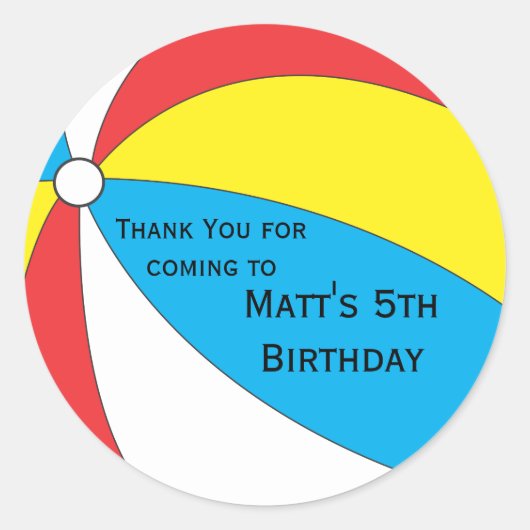 プールパーティーの好意ステッカー – 青、黄、赤 ラウンドシール (正面)
