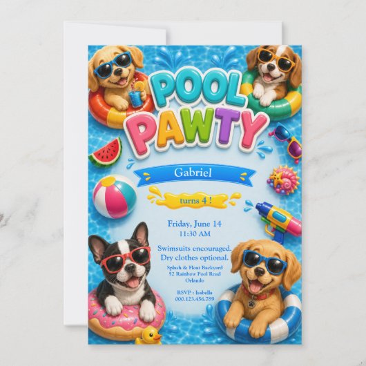 プールパーティーの子犬の誕生日招待状 招待状 (正面)