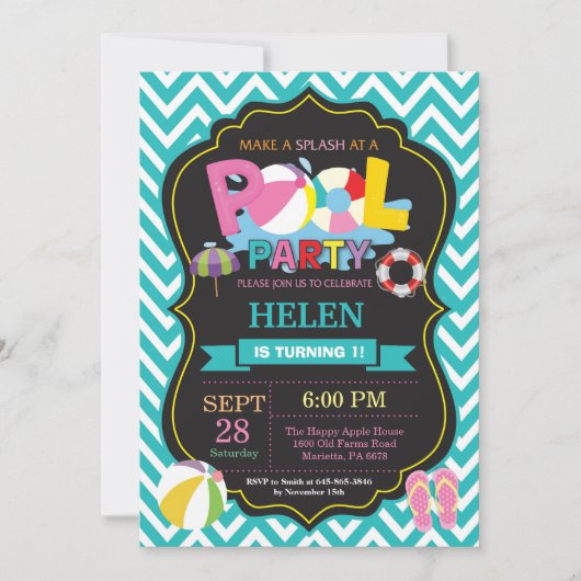 プールパーティーの招待状 アクア スプラッシュ プールパーティー 招待状 (正面)