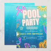 プールパーティーの招待状、ネオン輝くトロピカルバースデー 招待状 (正面/裏面)