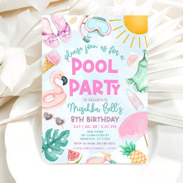 プールパーティーの招待状 夏の女の子の誕生日パーティー 招待状