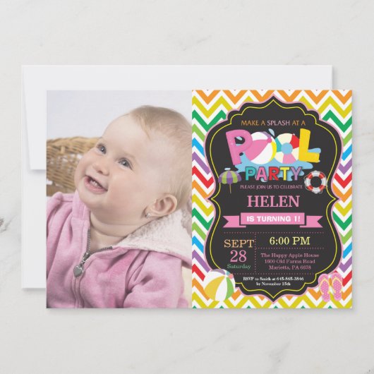 プールパーティーの招待状 夏の水遊び ガール 招待状 (正面)