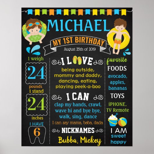 プールパーティーの最初の誕生日の黒板の看板 ポスター (正面)