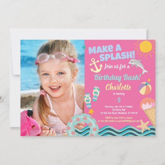 プールパーティーの誕生日の写真の招待（女の子） 招待状 (正面)