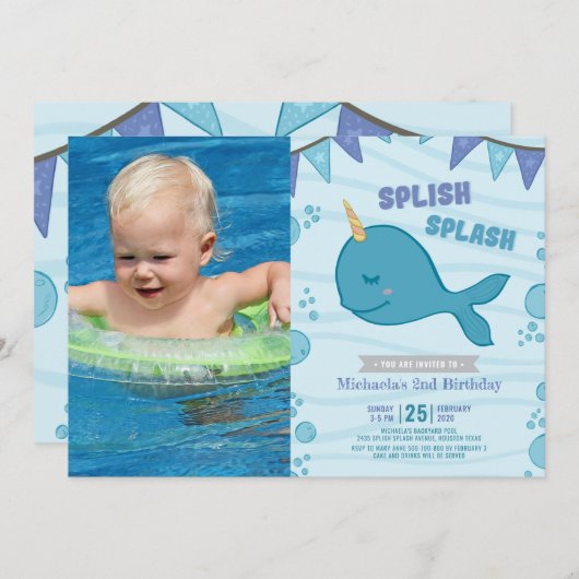 プールパーティーの誕生日の写真 招待状 (正面/裏面)