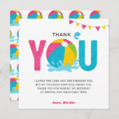 プールパーティーの誕生日ピンクの女の子の感謝カード サンキューカード (正面/裏面)