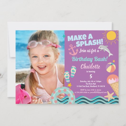 プールパーティーの誕生日写真の女の子への招待 招待状 (正面)