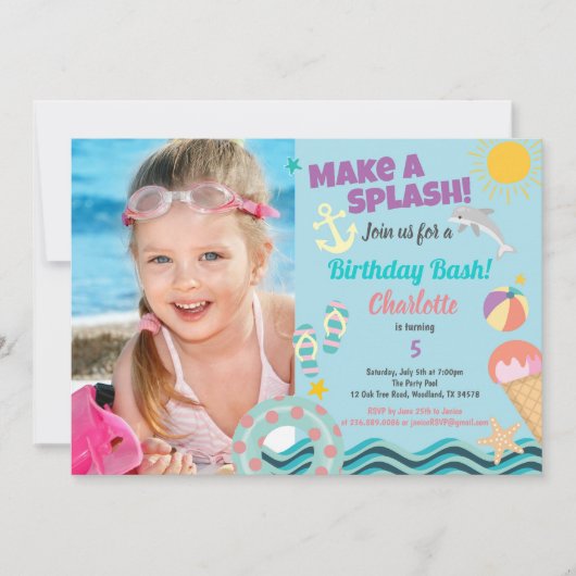 プールパーティーの誕生日写真の女の子への招待 招待状 (正面)