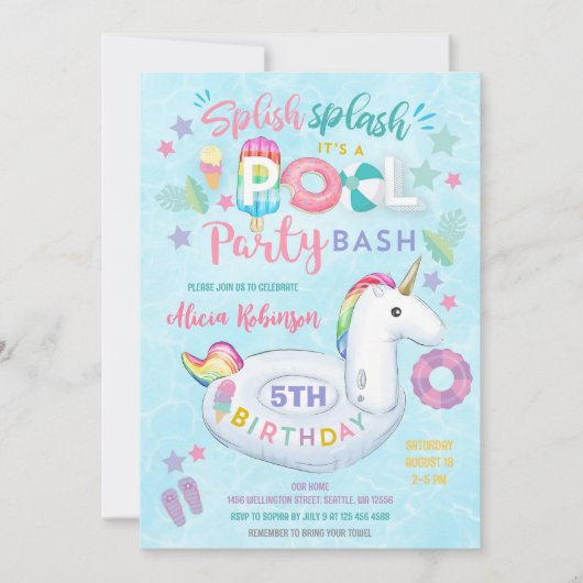 プールパーティーの誕生日招待状 招待状 (正面)