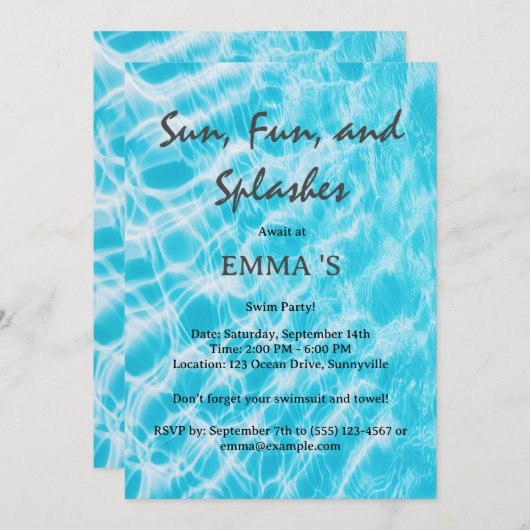 プールパーティーまたはSwimパーティー 招待状 (正面/裏面)